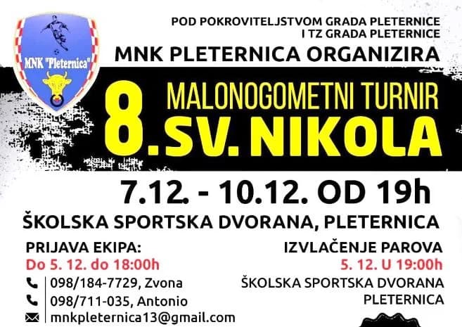 Od 7. do 10. prosinca osmi malonogometni turnir „Sveti Nikola“ u Pleternici