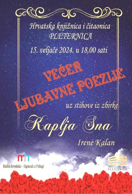 Večeras u pleterničkoj Knjižnici „Večer ljubavne poezije-Kaplja sna“