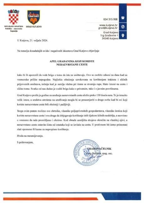 Grad Kutjevo objavio apel građanima koji koriste nerazvrstane ceste