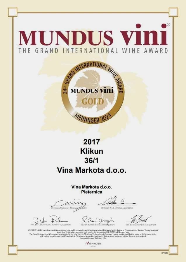 Markota vino klikun u velikom stilu vratilo se sa zlatnom medaljom koju je dobilo na prestižnom festivalu „Mundus vini“