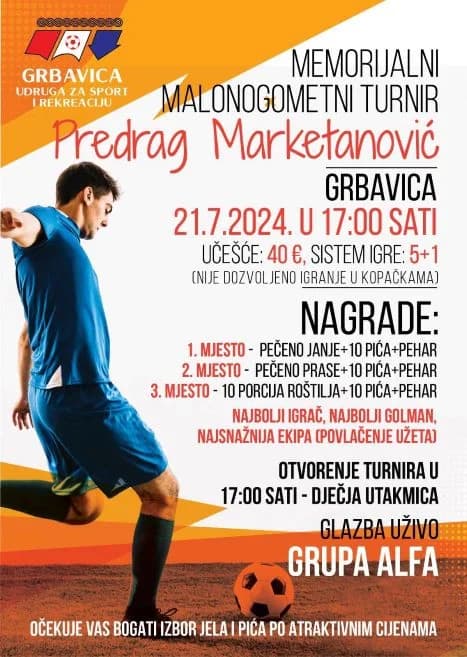 U nedjelju Memorijalni malonogometni turnir „Predrag Marketanović“ na igralištu Udruge „Grbavica“ u Pleternici