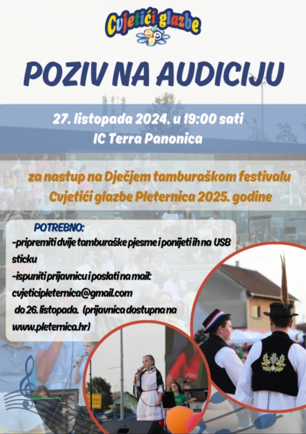 DJEČJI TAMBURAŠKI FESTIVAL „CVJETIĆI GLAZBE“: Poziv za audiciju i natječaj za autore za 2025. godinu