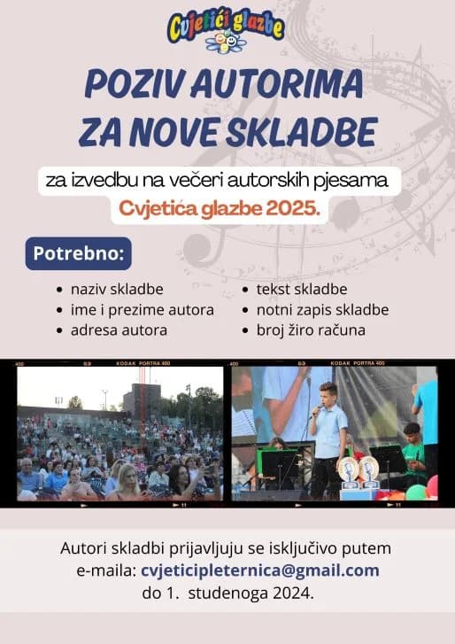 DJEČJI TAMBURAŠKI FESTIVAL „CVJETIĆI GLAZBE“: Poziv za audiciju i natječaj za autore za 2025. godinu
