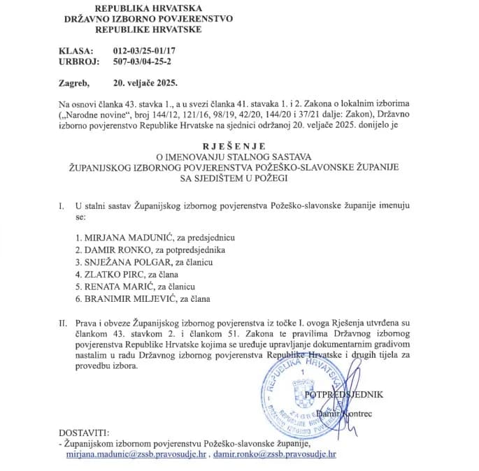 Državno izborno povjerenstvo imenovalo Mirjanu Madunić za predsjednika Županijskog izbornog povjerenstva Požeško-slavonske županije