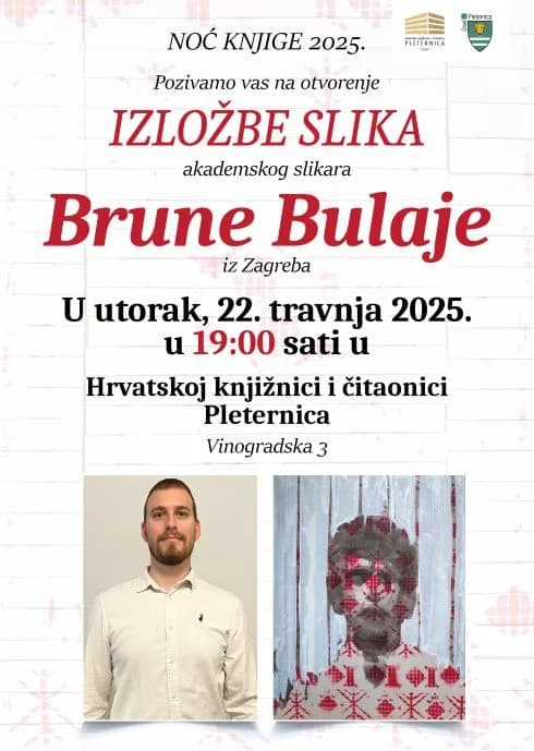 NOĆ KNJIGE U PLETERNICI: Večeras otvorenje izložbe slika Brune Bulaje iz Zagreba