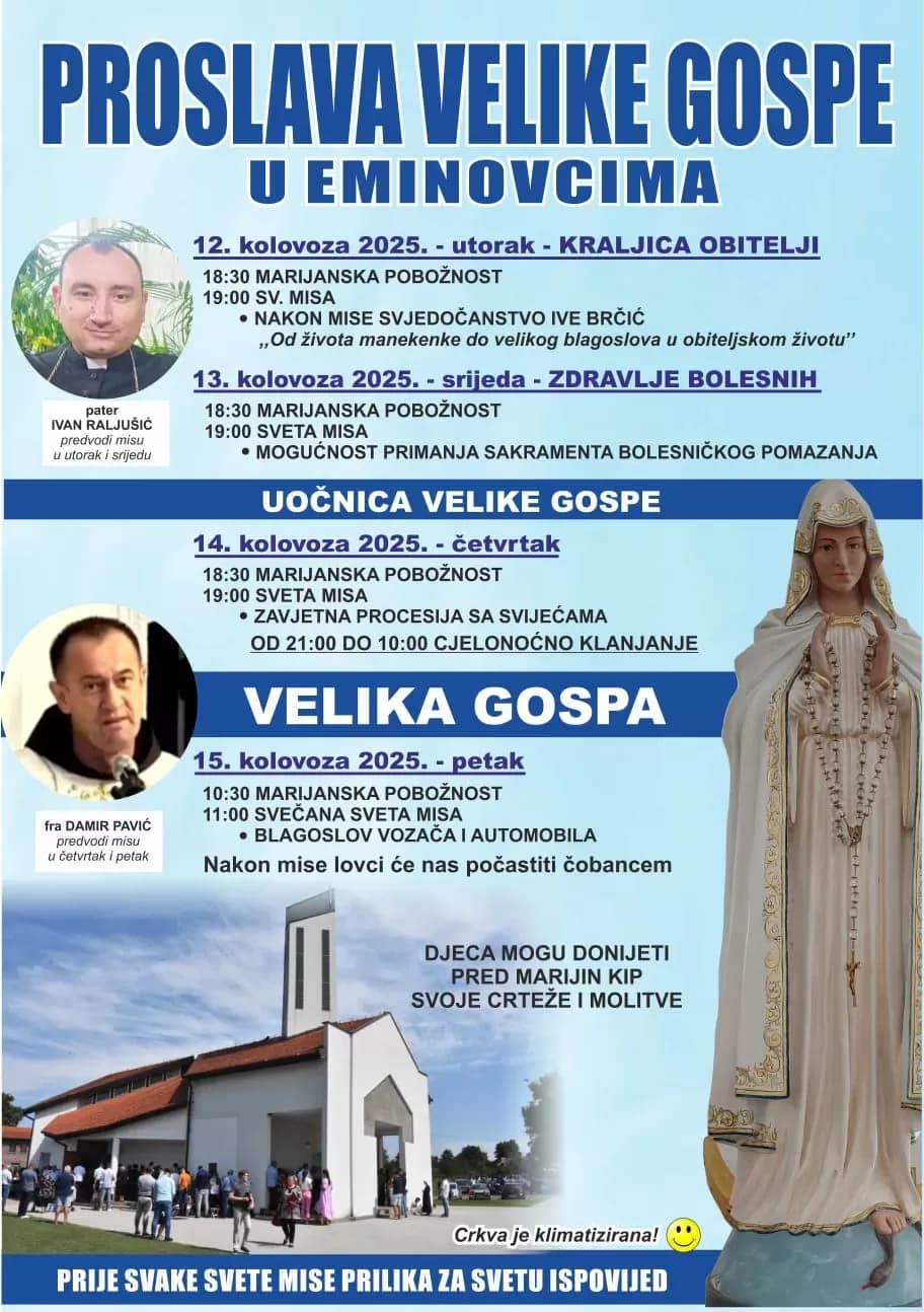 (NAJAVA) EMINOVCI: Marijanskim pobožnostima i misnim slavljima ususret Velikoj Gospi