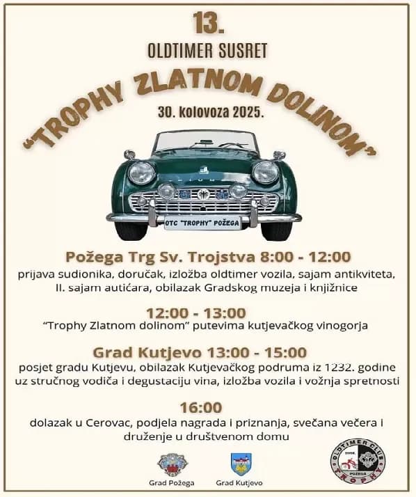 OTC TROPHY POŽEGA: 13. oldtimer susret ʼTrophy Zlatni dolina 2025.ʼ - subota 30. kolovoza na Trgu sv. Trojstva