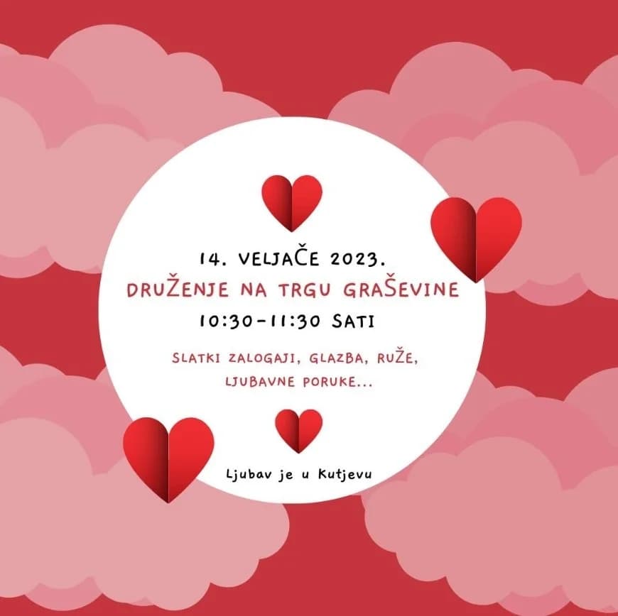 Valentinovsko druženje u Kutjevu na Trgu graševine danas od 10,30 do 11,30