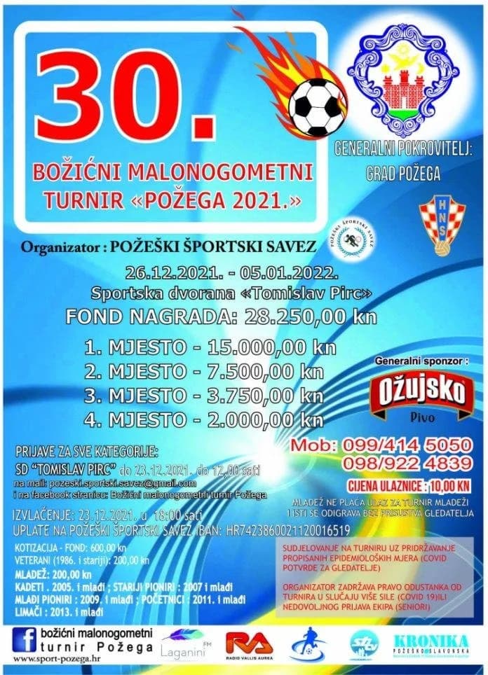 Jubilarni 30. Božićni malonogometni turnir “Požega 2021” ipak će se održati, prijave su do četvrtka, 23. prosinca do 12,00 sati
