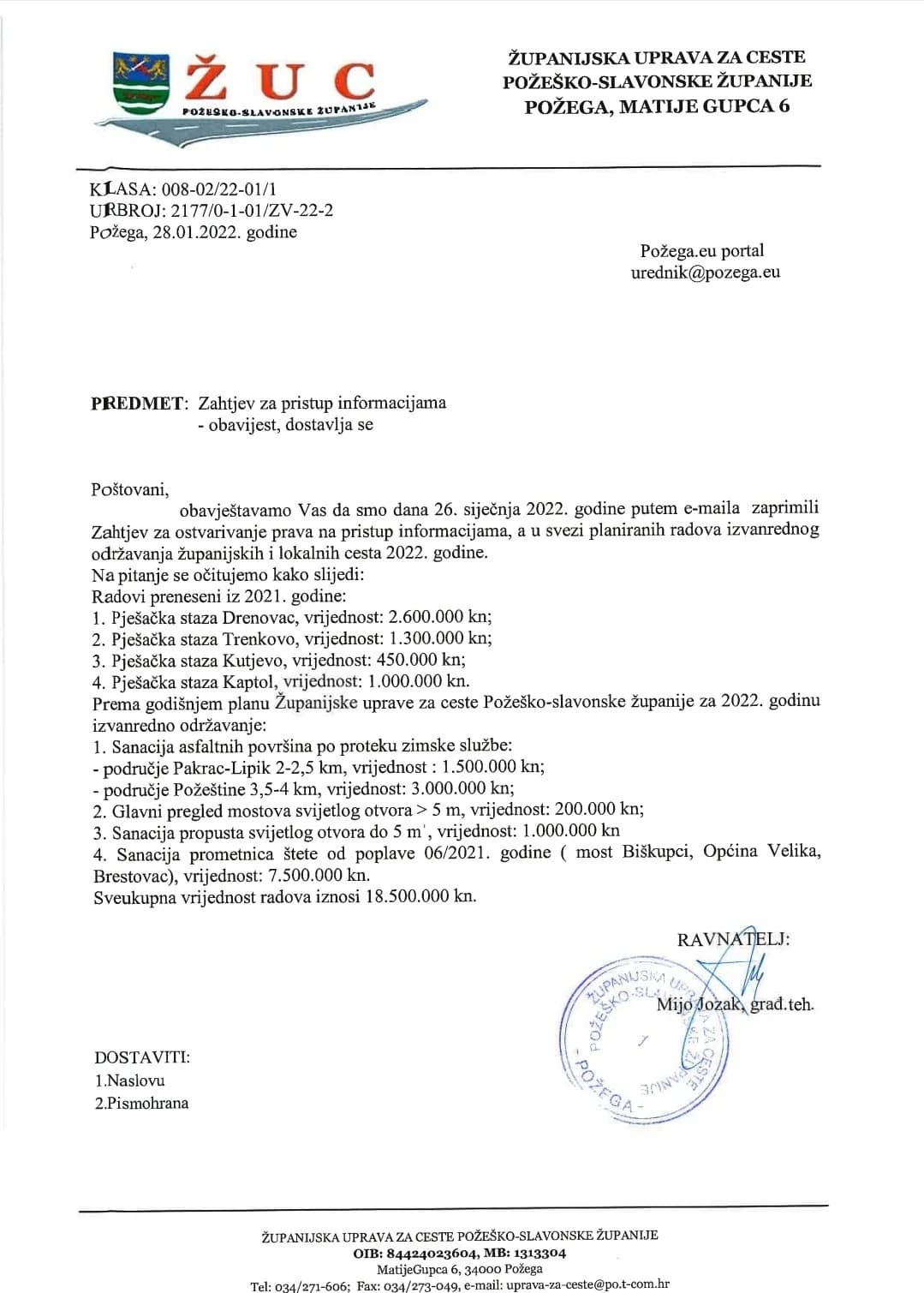 Po dobrom starom običaju Županijska uprava za ceste u ovoj godini najviše financijski ulaže na području grada Pleternice, a najmanje u kutjevačkom kraju: Ništa od insvestiranja u općinama Jakšić, Bres