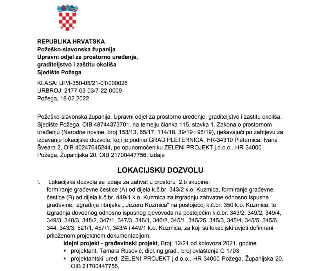 Ribnjak Jezero Kuzmica dobio lokacijsku dozvolu- slijedi postavljanje cjevovoda za vodu od Vetovke