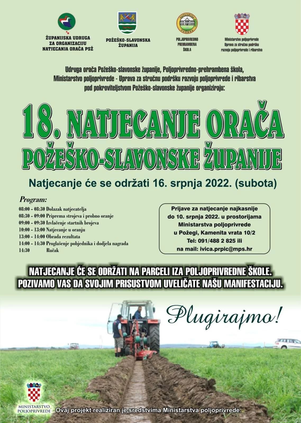 Plugirajmo zajedno: 18. natjecanje orača Požeško-slavonske županije na parceli iza Poljoprivredne škole – 16.srpnja 2022. godine