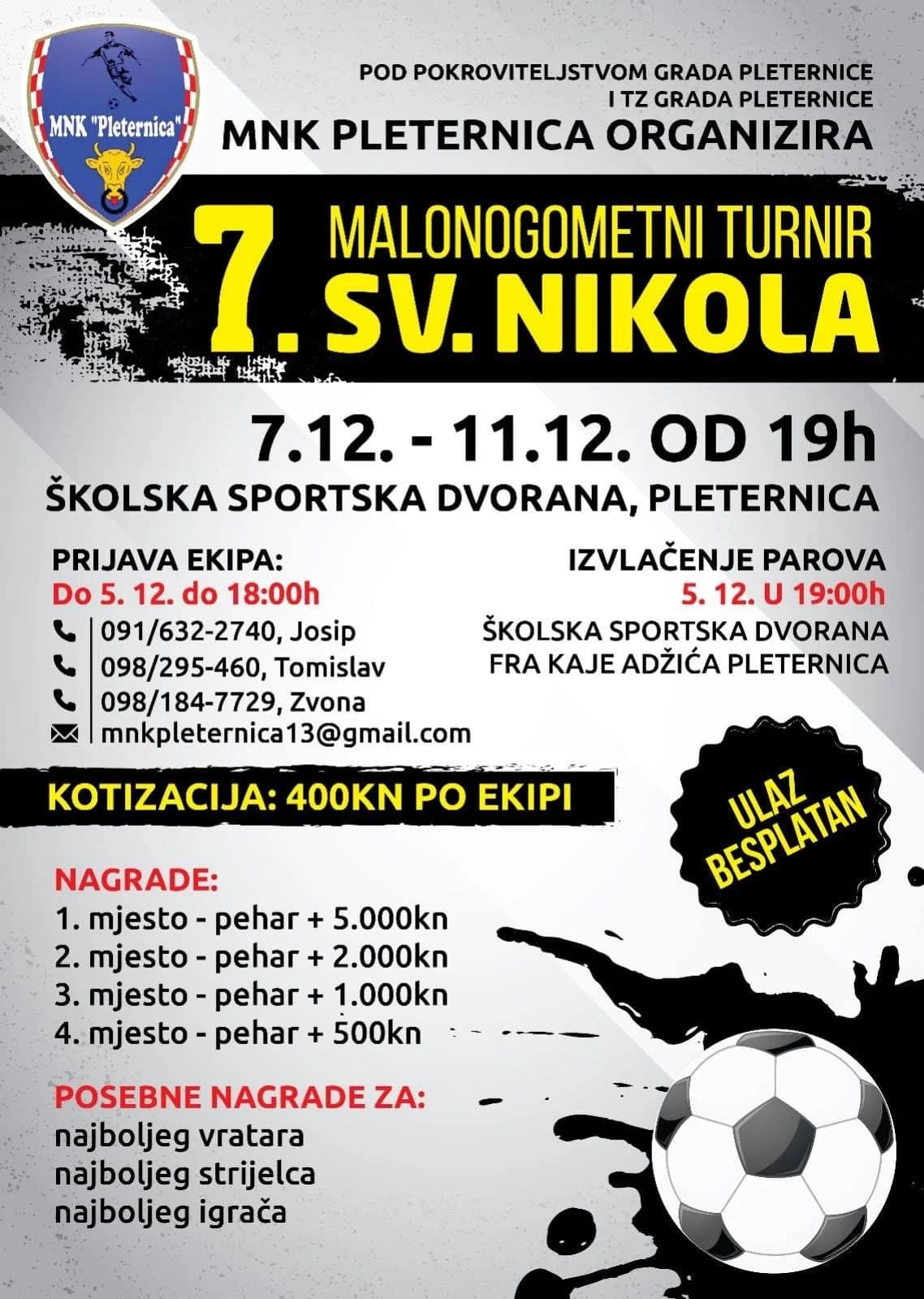 Nastavlja se ove godine tradicionalni malonogometni turnir sv. Nikola u Pleternici - prijave do 5.prosinca 2022