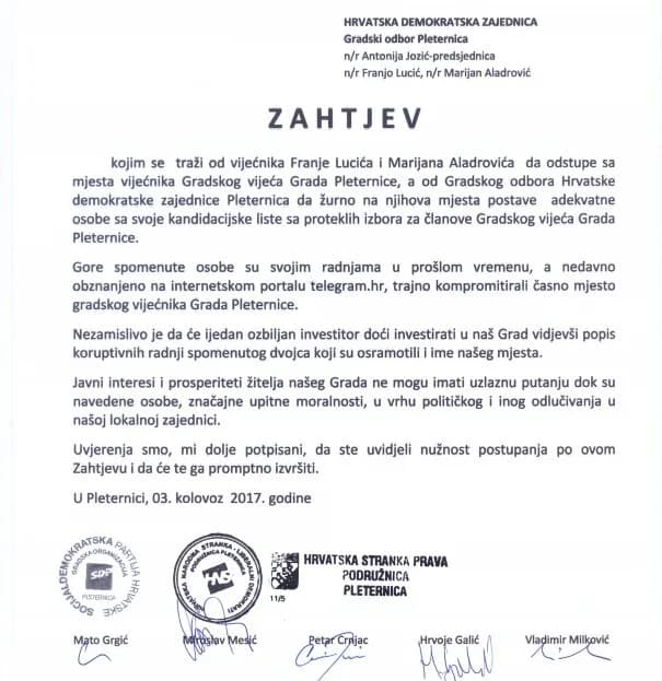 Pleternička oporba traži od Franje Lucića i Marijana Aladrovića da odstupe s mjesta gradskih vijećnika