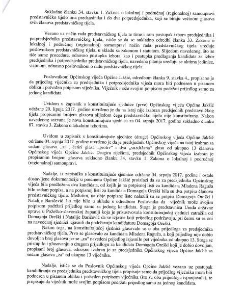Općinsko vijeće općine Jakšić konstituirano je na zakonit način: "Nisu utvrđene nepravilnosti koje bi utjecale na valjanost rada"