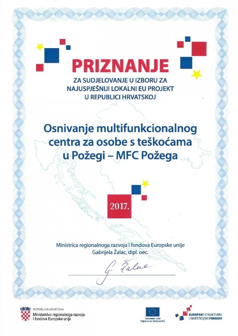 Grad Požega dobio priznanje za sudjelovanje u izboru za najuspješniji lokalni EU projekt u RH