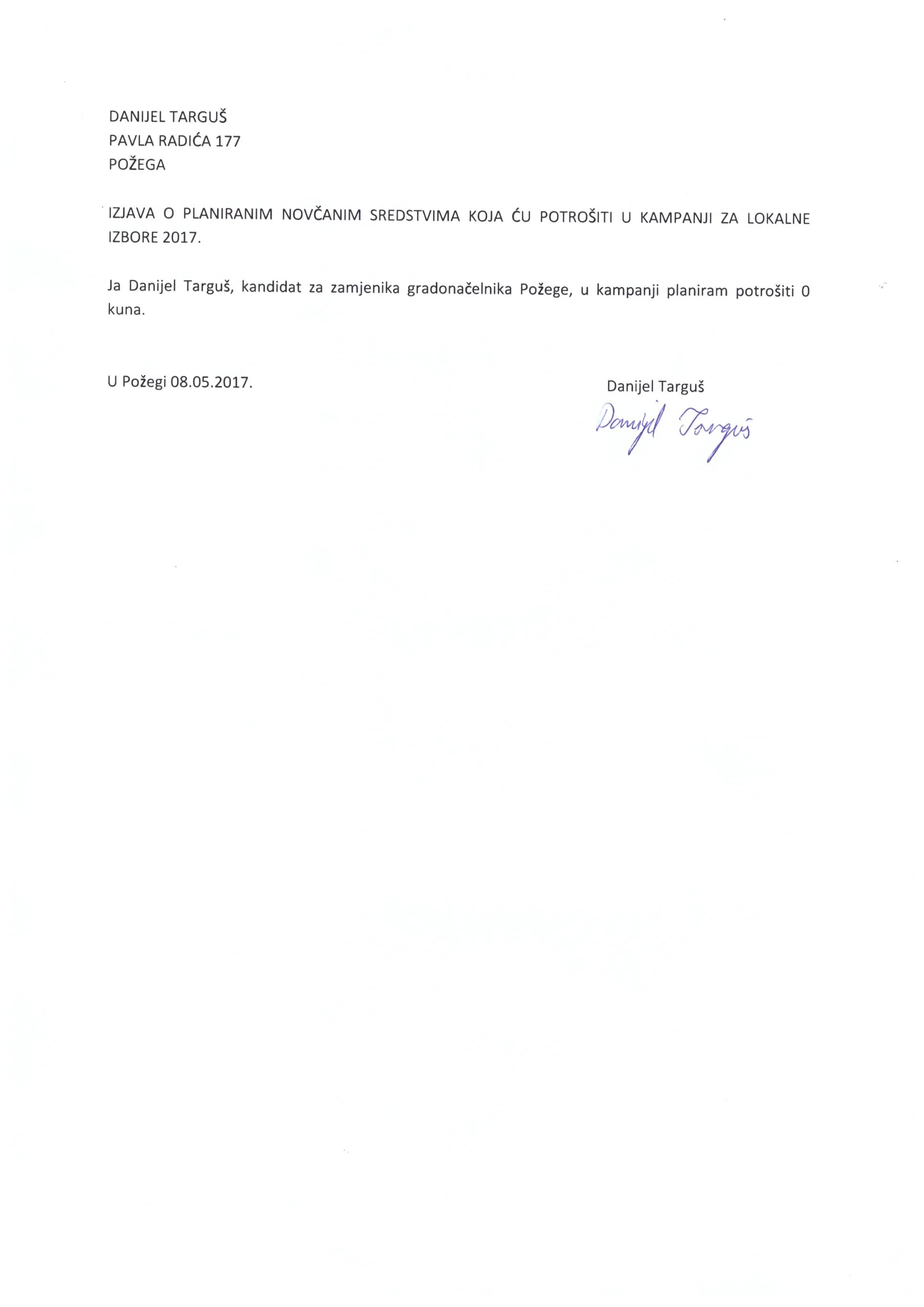 Izjave o planiranim novčanim sredstvima za lokalne izbore: Silvio Tomašević, Danijel Targuš, Zdravko Marić