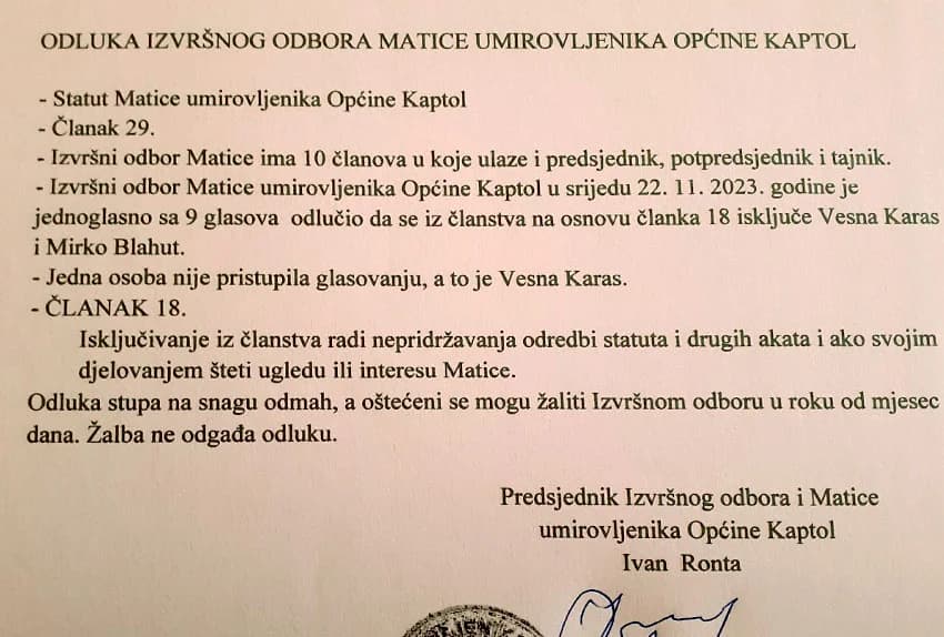 ČISTKA U MATICI UMIROVLJENIKA KAPTOL: Predsjednik Ivan Ronta razračunava se sa neistomišljenicima