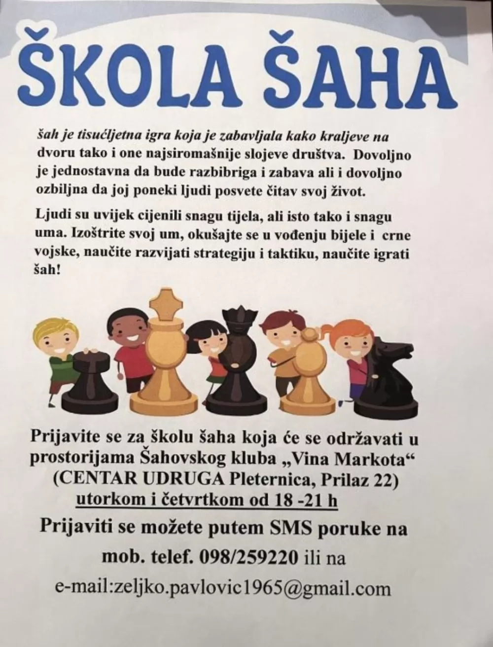 Požega.eu | PLETERNICA: Prijavite se u Školu šaha Šahovskog kluba „Vina Markota“