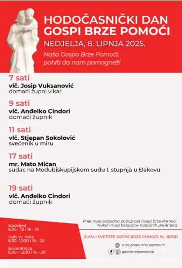 SB Online | (NAJAVA) Hodočasnički dan Gospi Brze Pomoći: 8. lipanj 2025. - raspored pobožnosti i misnih slavlja 
