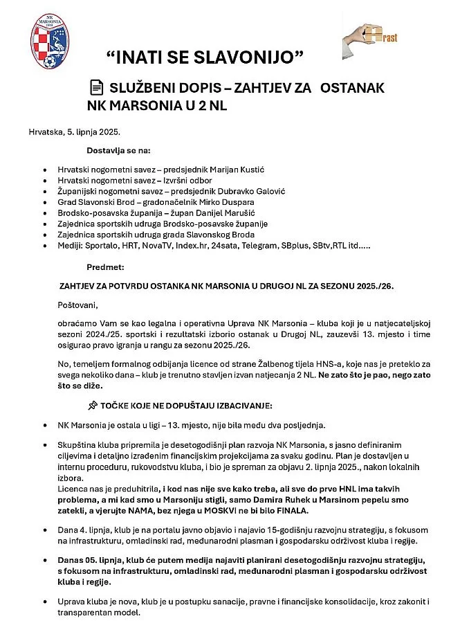 Uprava NK Marsonia zatražila ostanak kluba u 2.NL: ʼOvo nije poziv na milost, nego na pravdu i razumʼ