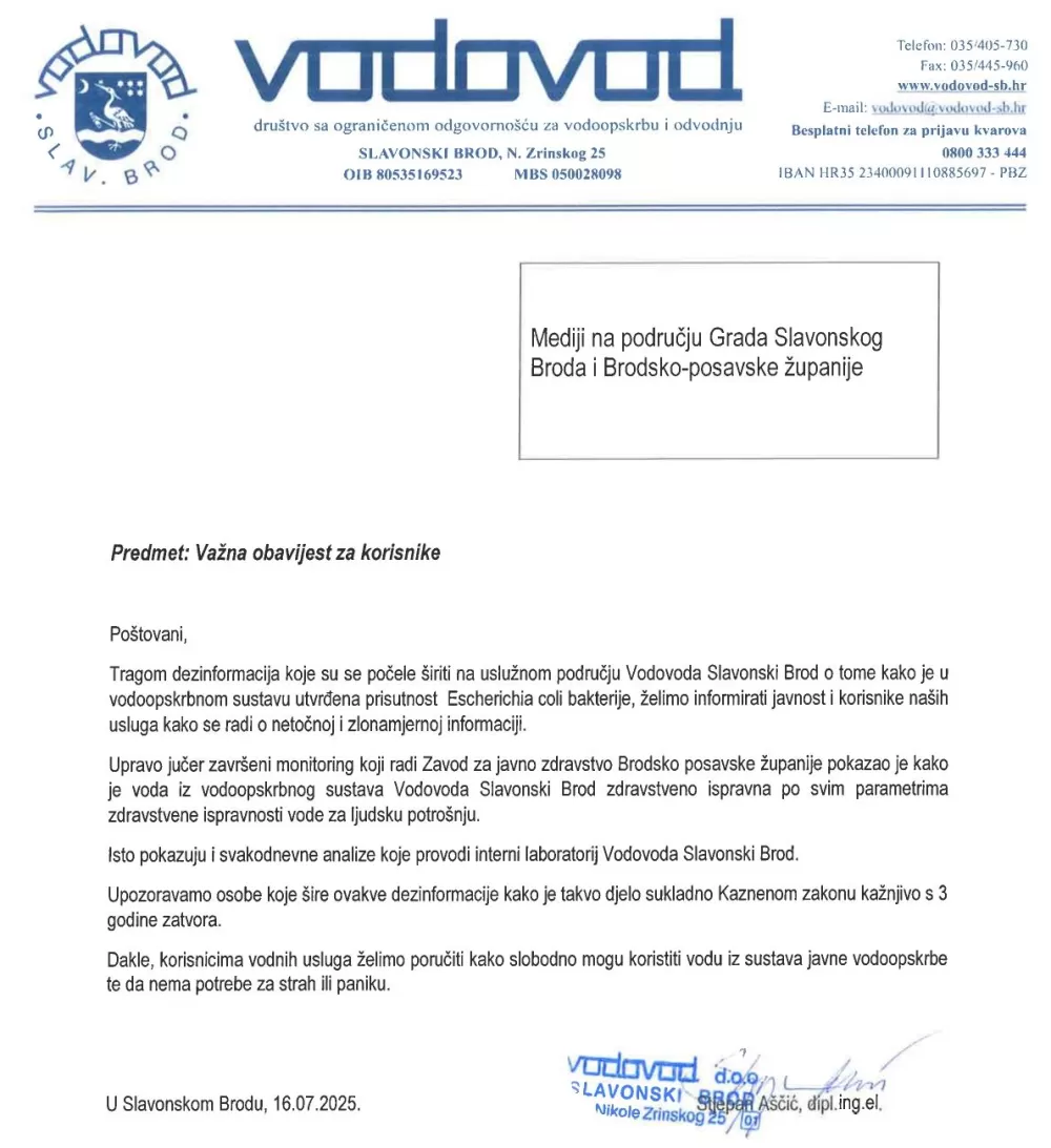 ʼVODOVODʼ: Brođani, pijete zdravu vodu, ne nasjedajte na zlonamjerne dezinformacije