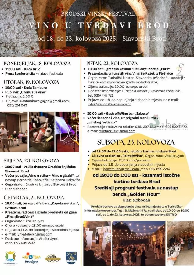 Najavljeni programi vinskog festivala ʼVino u Tvrđavi Brodʼ