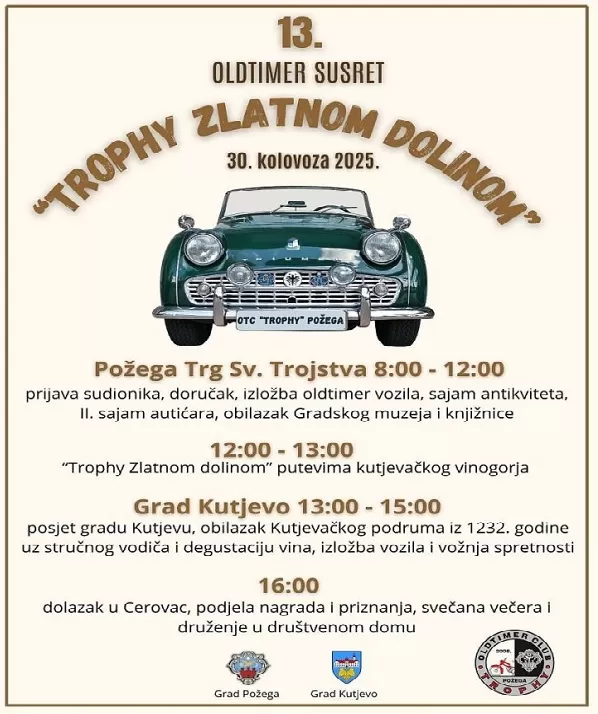 OTC TROPHY POŽEGA: 13. oldtimer susret ʼTrophy Zlatni dolina 2025.ʼ - subota 30. kolovoza na Trgu sv. Trojstva 
