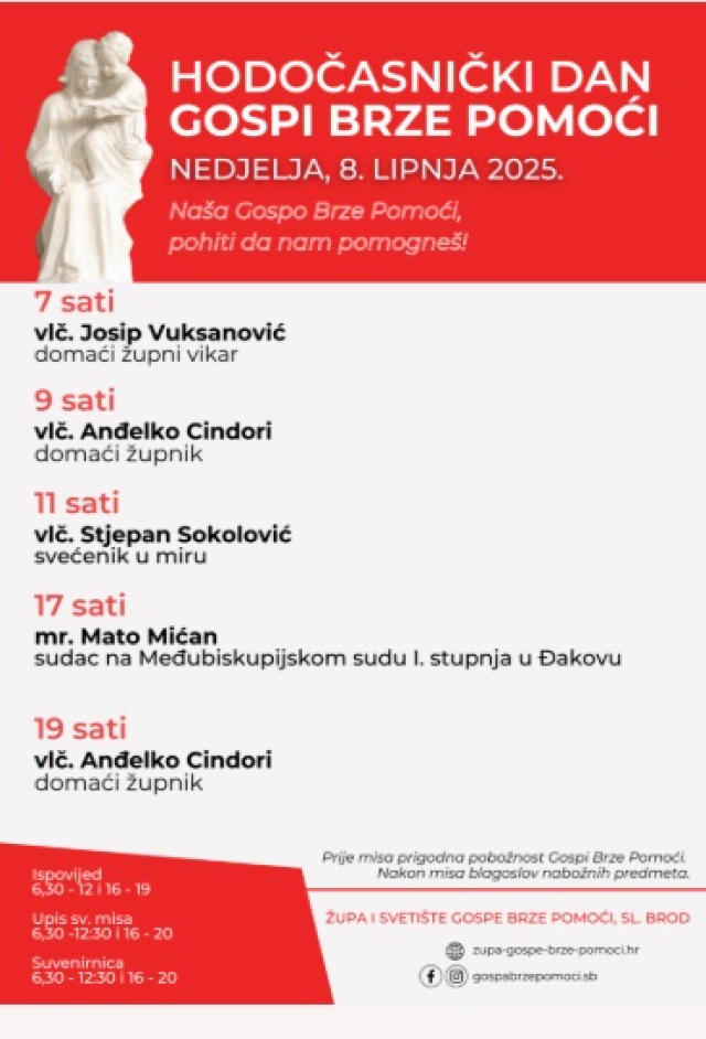 SB Online | (NAJAVA) Hodočasnički dan Gospi Brze Pomoći: 8. lipanj 2025. - raspored pobožnosti i misnih slavlja 