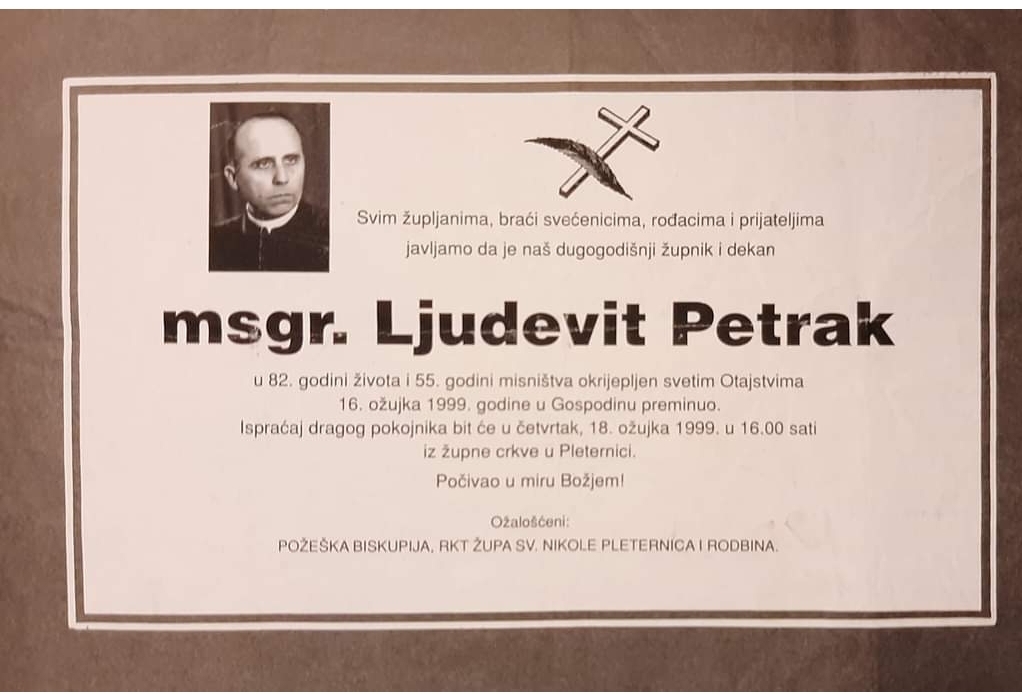 Požega.eu | Na današnji dan prije 23 godine preminuo je dugogodišnji pleternički župnik msgr. Ljudevit Petrak